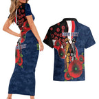 Sydney Roosters ANZAC Personalised Couples Matching Short Sleeve Bodycon Dress and Hawaiian Shirt Lest We Forget Poppy Camo