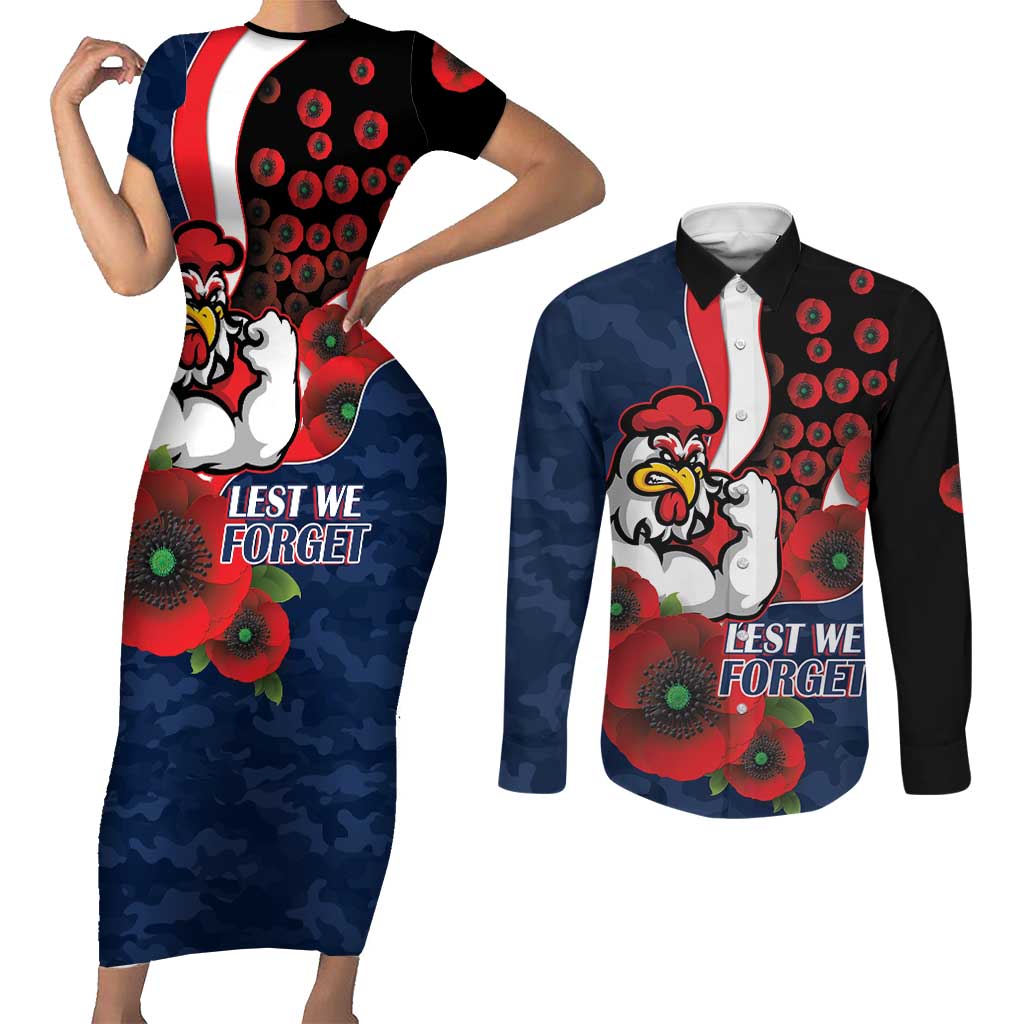 Sydney Roosters ANZAC Personalised Couples Matching Short Sleeve Bodycon Dress and Long Sleeve Button Shirt Lest We Forget Poppy Camo