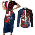 Sydney Roosters ANZAC Personalised Couples Matching Short Sleeve Bodycon Dress and Long Sleeve Button Shirt Lest We Forget Poppy Camo