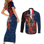 Sydney Roosters ANZAC Personalised Couples Matching Short Sleeve Bodycon Dress and Long Sleeve Button Shirt Lest We Forget Poppy Camo