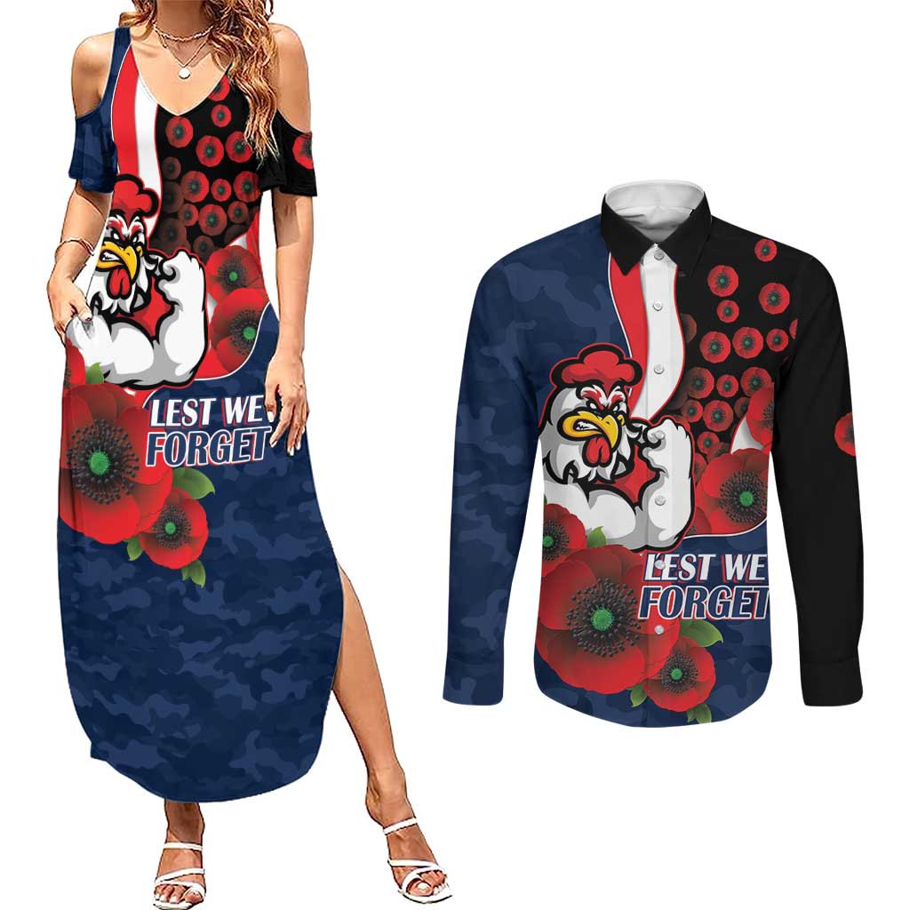Sydney Roosters ANZAC Personalised Couples Matching Summer Maxi Dress and Long Sleeve Button Shirt Lest We Forget Poppy Camo
