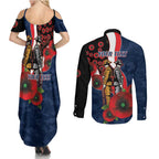 Sydney Roosters ANZAC Personalised Couples Matching Summer Maxi Dress and Long Sleeve Button Shirt Lest We Forget Poppy Camo