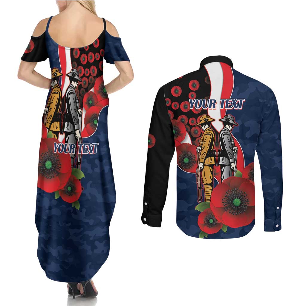 Sydney Roosters ANZAC Personalised Couples Matching Summer Maxi Dress and Long Sleeve Button Shirt Lest We Forget Poppy Camo