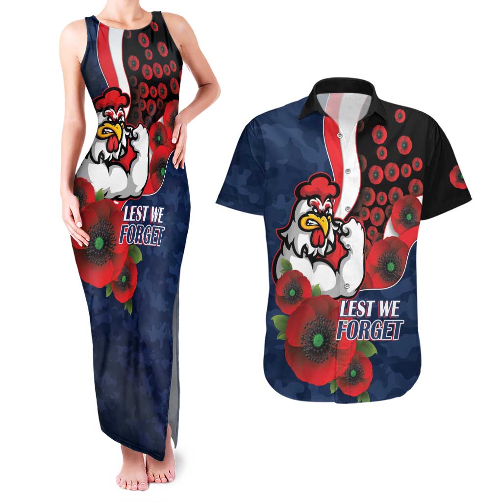 Sydney Roosters ANZAC Personalised Couples Matching Tank Maxi Dress and Hawaiian Shirt Lest We Forget Poppy Camo