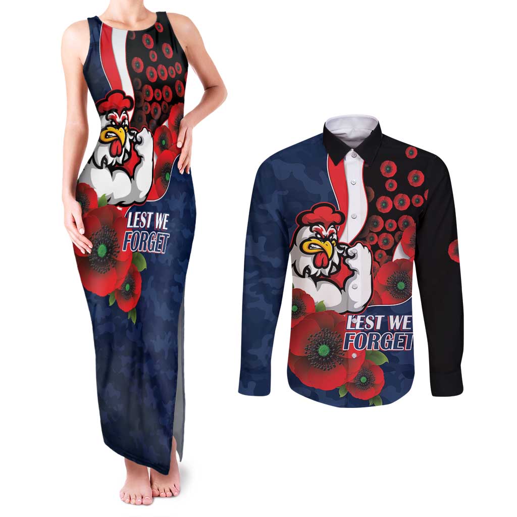 Sydney Roosters ANZAC Personalised Couples Matching Tank Maxi Dress and Long Sleeve Button Shirt Lest We Forget Poppy Camo