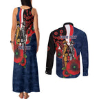 Sydney Roosters ANZAC Personalised Couples Matching Tank Maxi Dress and Long Sleeve Button Shirt Lest We Forget Poppy Camo
