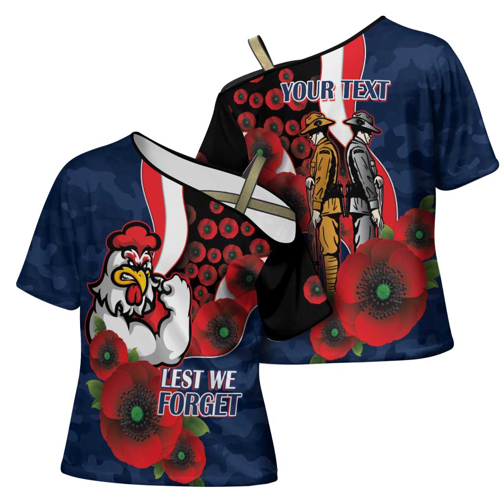 Sydney Roosters ANZAC Personalised Cross Shoulder Shirt Lest We Forget Poppy Camo