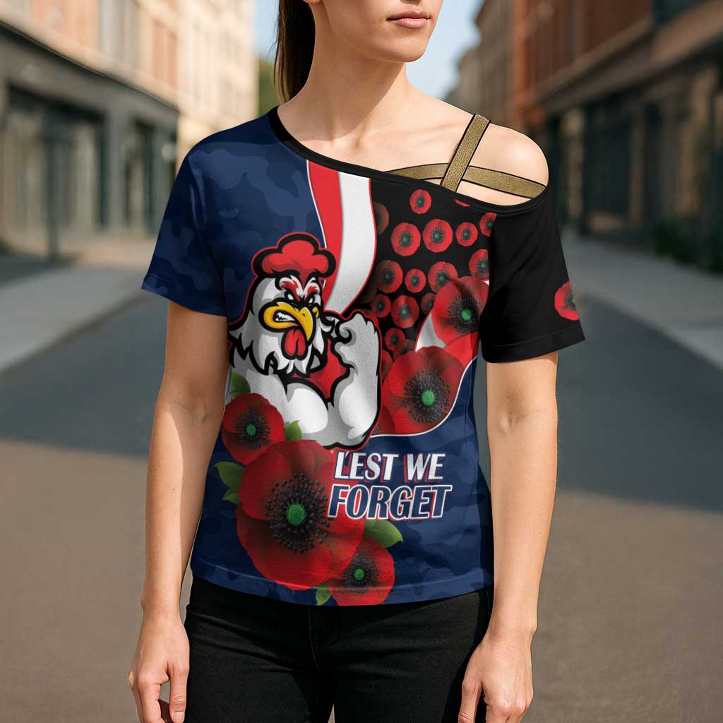 Sydney Roosters ANZAC Personalised Cross Shoulder Shirt Lest We Forget Poppy Camo