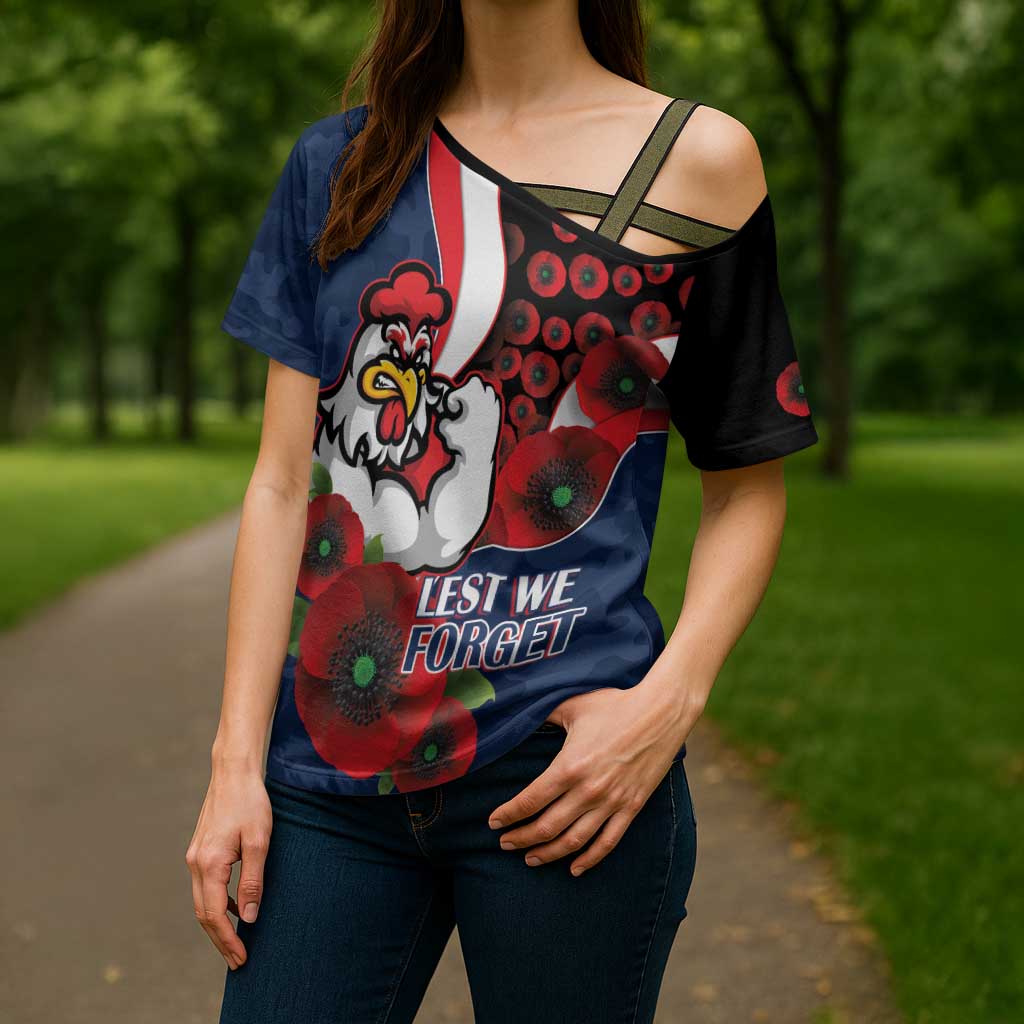 Sydney Roosters ANZAC Personalised Cross Shoulder Shirt Lest We Forget Poppy Camo