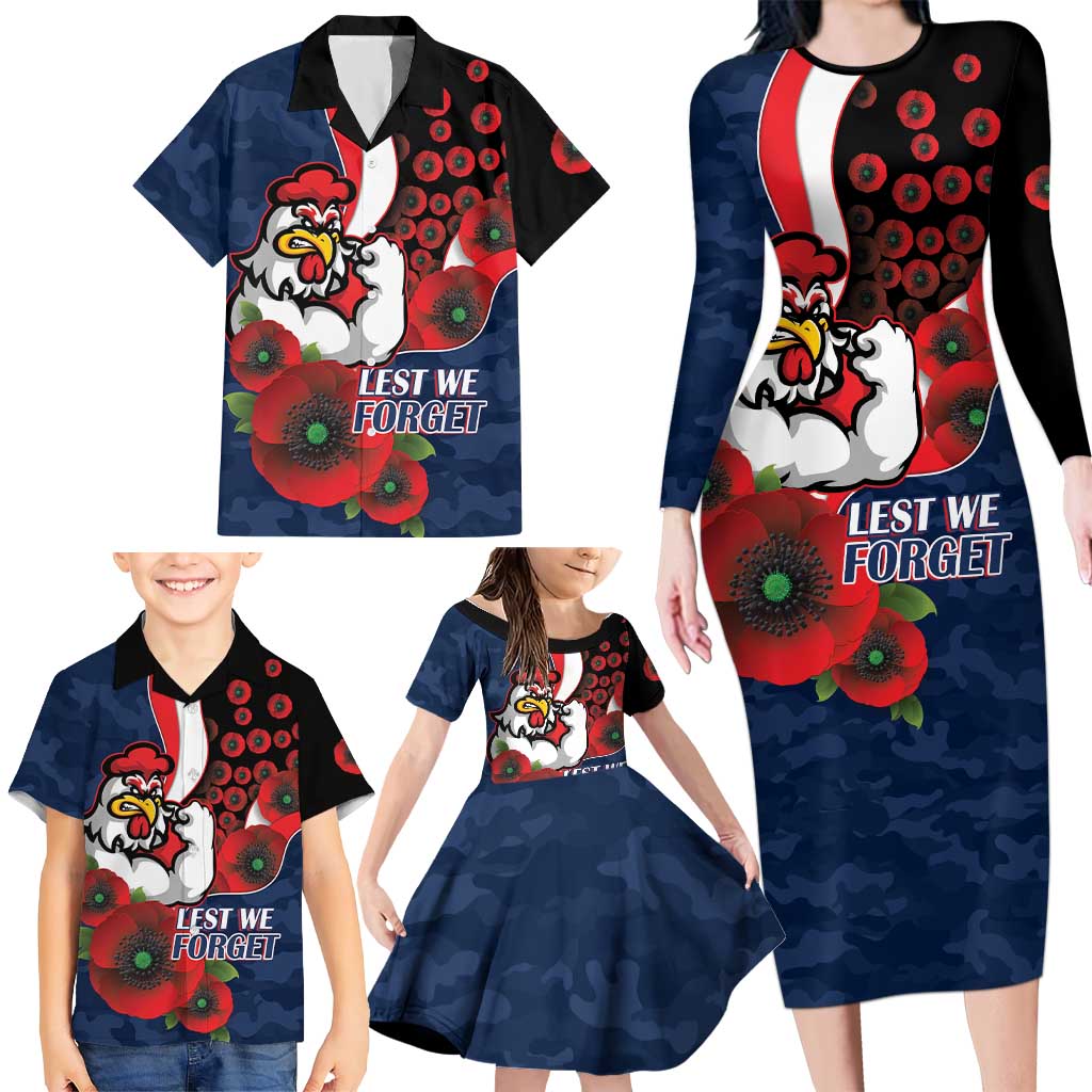 Sydney Roosters ANZAC Personalised Family Matching Long Sleeve Bodycon Dress and Hawaiian Shirt Lest We Forget Poppy Camo