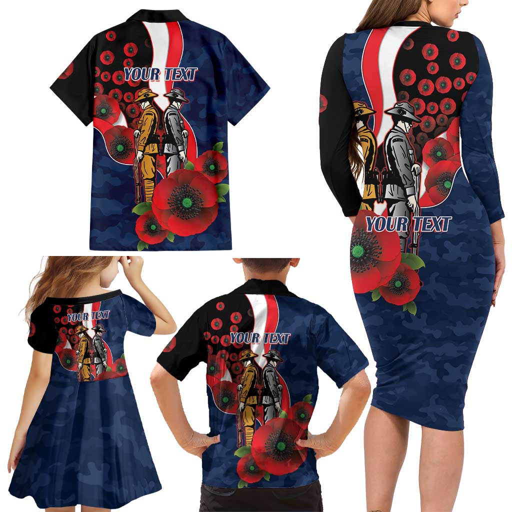 Sydney Roosters ANZAC Personalised Family Matching Long Sleeve Bodycon Dress and Hawaiian Shirt Lest We Forget Poppy Camo