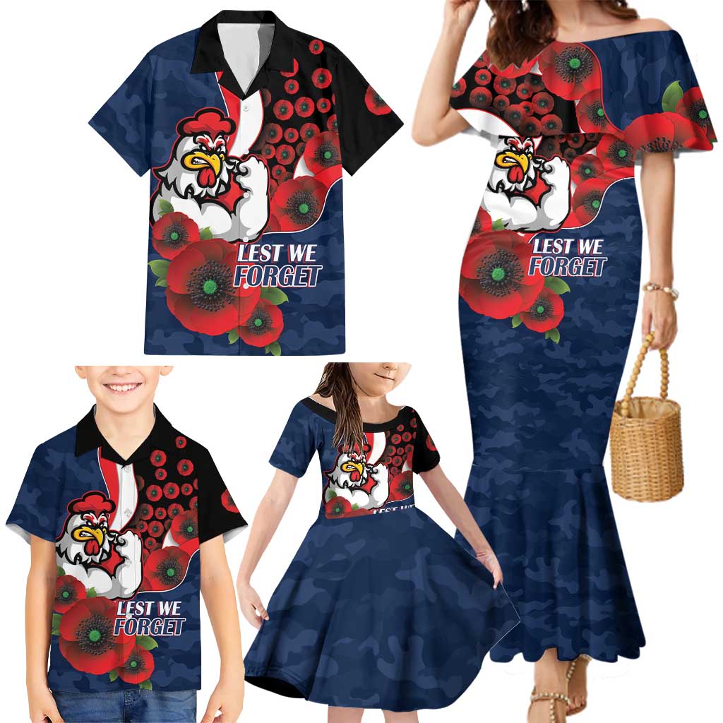 Sydney Roosters ANZAC Personalised Family Matching Mermaid Dress and Hawaiian Shirt Lest We Forget Poppy Camo