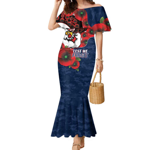 Sydney Roosters ANZAC Personalised Family Matching Mermaid Dress and Hawaiian Shirt Lest We Forget Poppy Camo