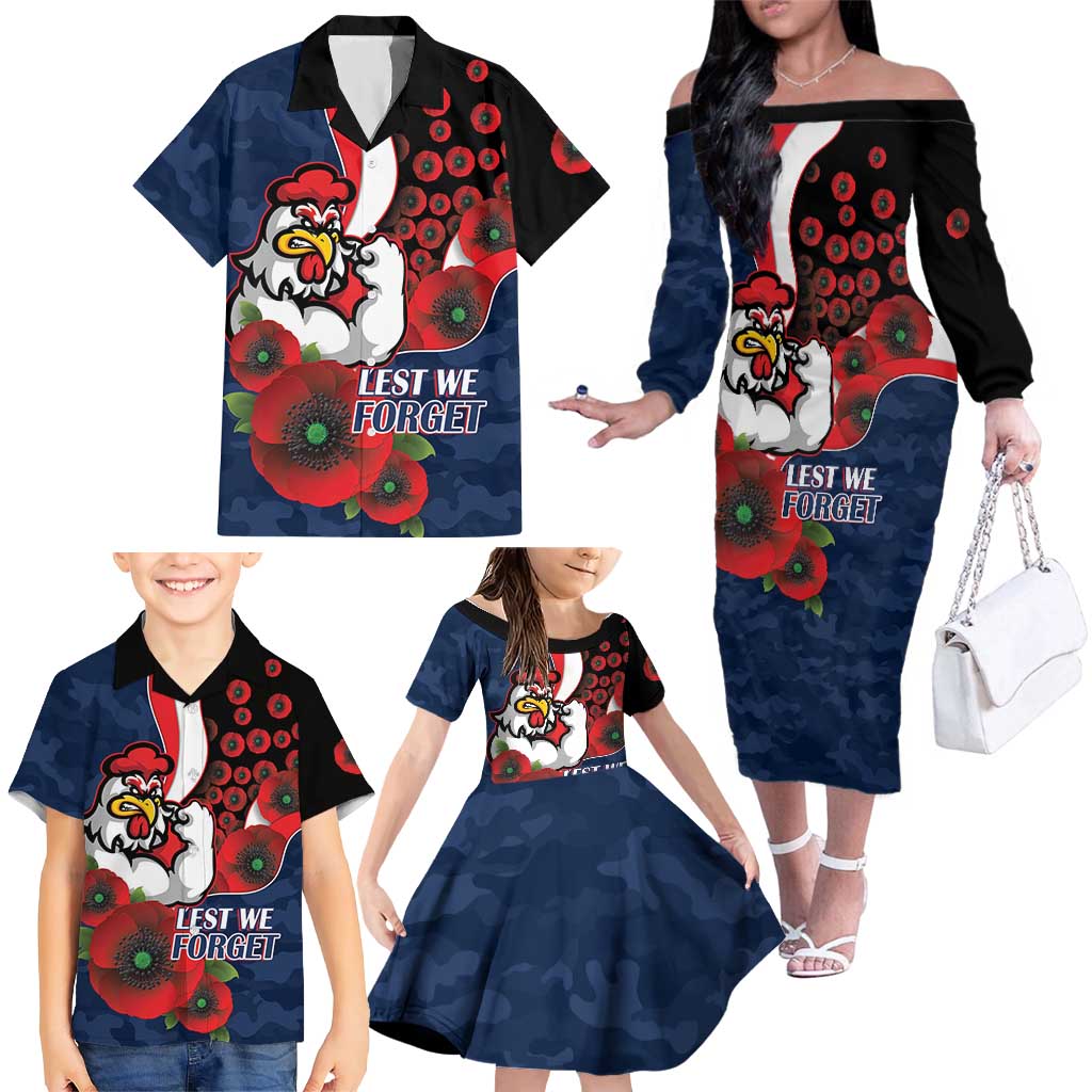 Sydney Roosters ANZAC Personalised Family Matching Off The Shoulder Long Sleeve Dress and Hawaiian Shirt Lest We Forget Poppy Camo