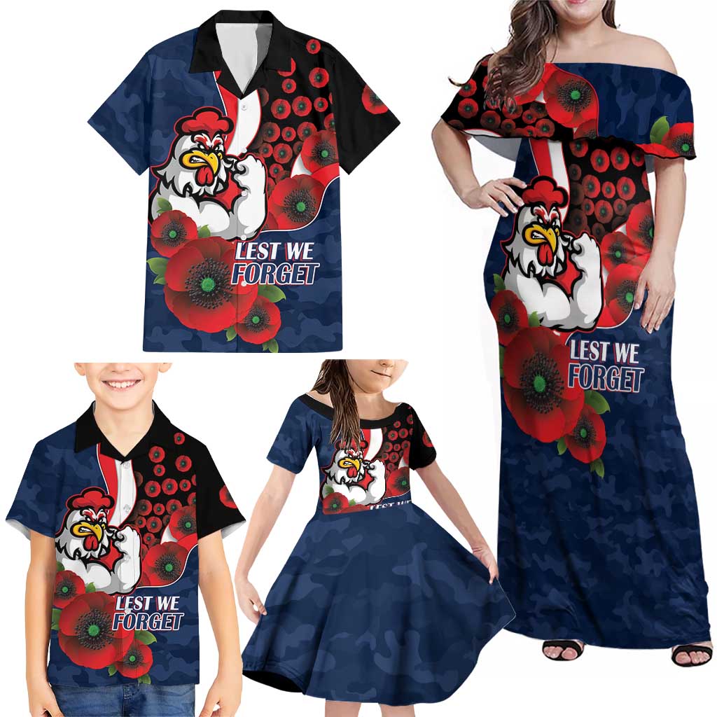 Sydney Roosters ANZAC Personalised Family Matching Off Shoulder Maxi Dress and Hawaiian Shirt Lest We Forget Poppy Camo