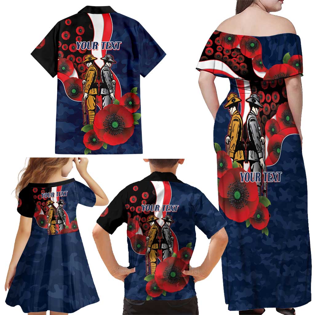 Sydney Roosters ANZAC Personalised Family Matching Off Shoulder Maxi Dress and Hawaiian Shirt Lest We Forget Poppy Camo