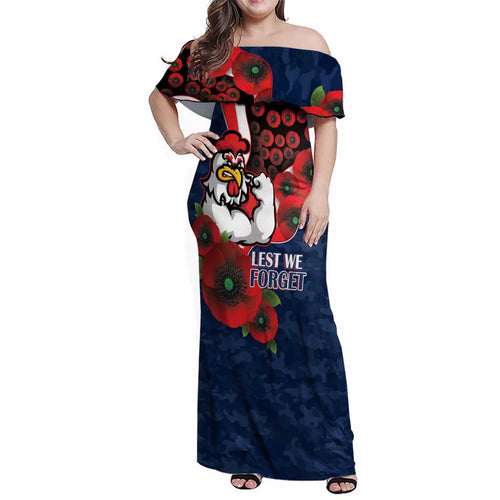 Sydney Roosters ANZAC Personalised Family Matching Off Shoulder Maxi Dress and Hawaiian Shirt Lest We Forget Poppy Camo