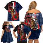 Sydney Roosters ANZAC Personalised Family Matching Off Shoulder Short Dress and Hawaiian Shirt Lest We Forget Poppy Camo