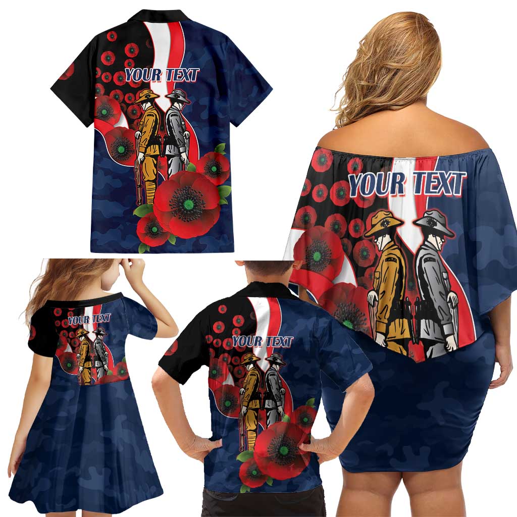 Sydney Roosters ANZAC Personalised Family Matching Off Shoulder Short Dress and Hawaiian Shirt Lest We Forget Poppy Camo