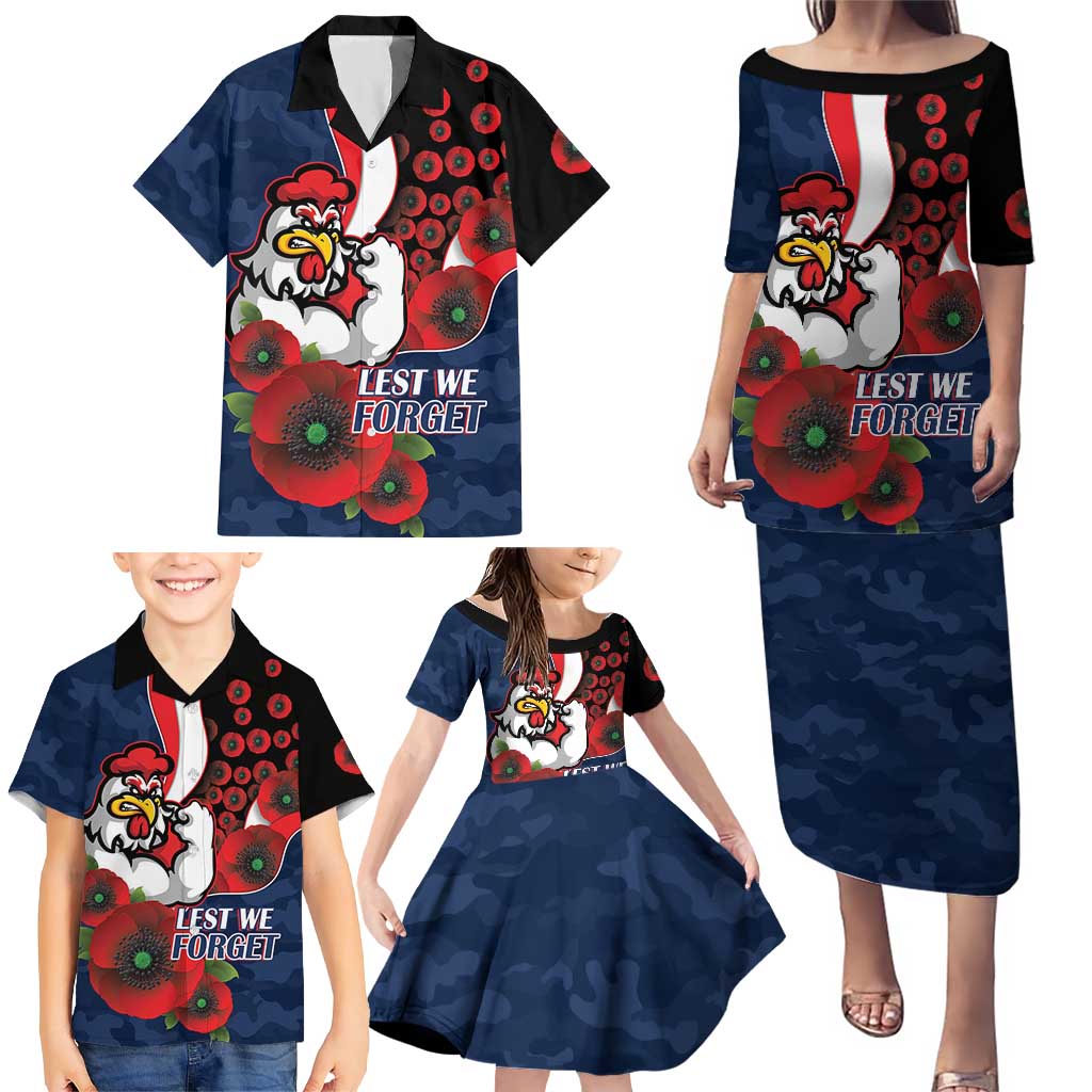 Sydney Roosters ANZAC Personalised Family Matching Puletasi and Hawaiian Shirt Lest We Forget Poppy Camo