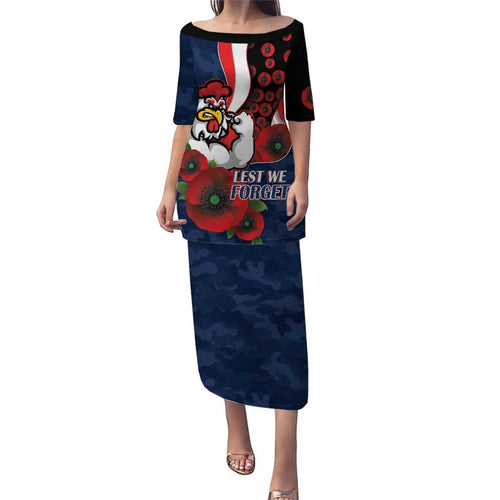 Sydney Roosters ANZAC Personalised Family Matching Puletasi and Hawaiian Shirt Lest We Forget Poppy Camo