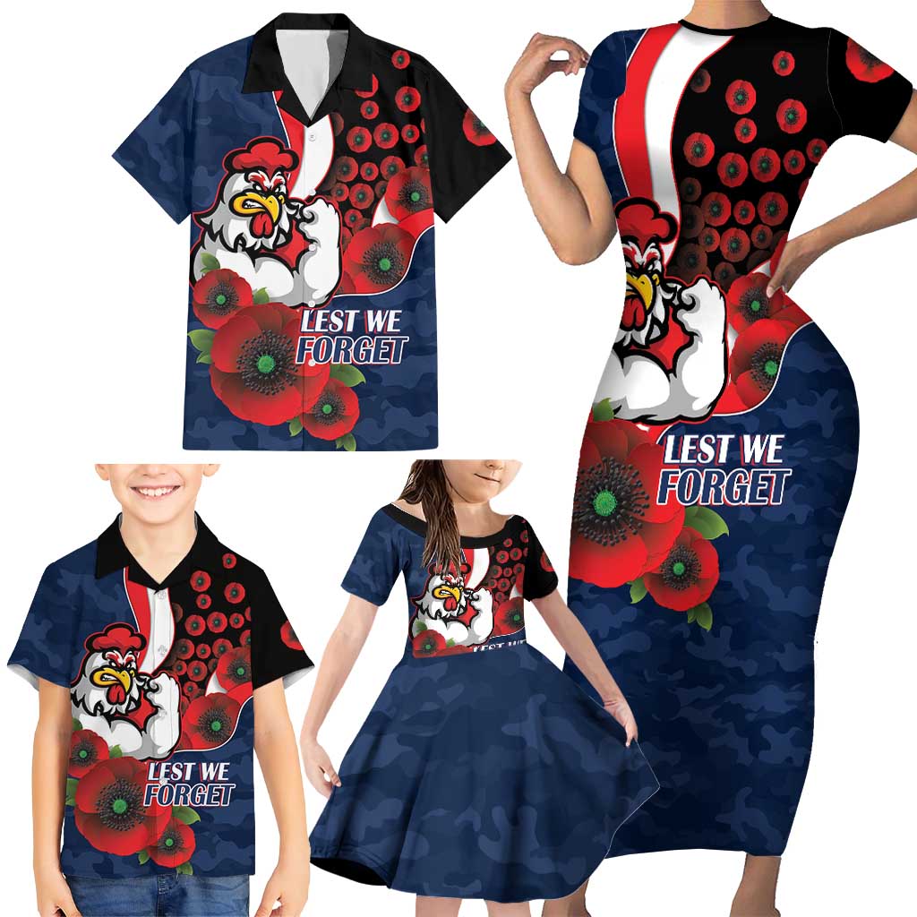 Sydney Roosters ANZAC Personalised Family Matching Short Sleeve Bodycon Dress and Hawaiian Shirt Lest We Forget Poppy Camo