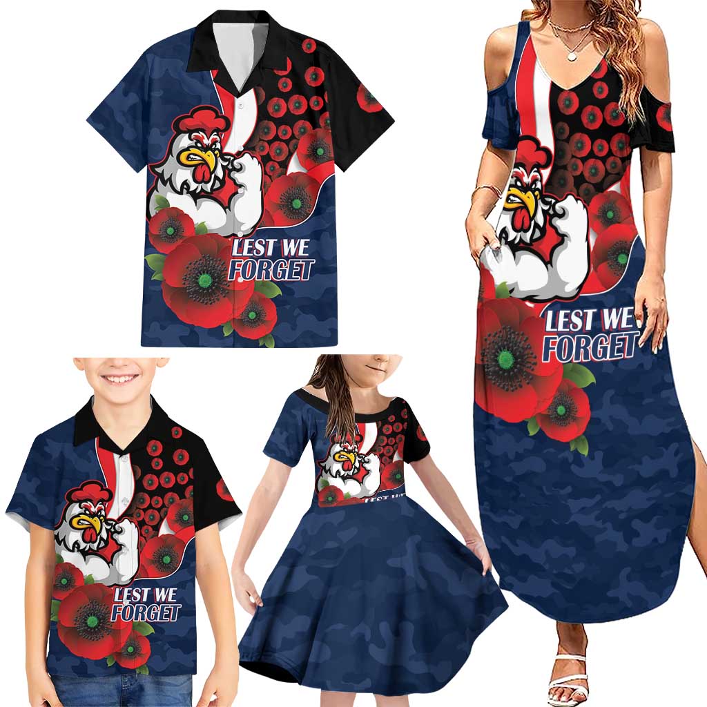 Sydney Roosters ANZAC Personalised Family Matching Summer Maxi Dress and Hawaiian Shirt Lest We Forget Poppy Camo
