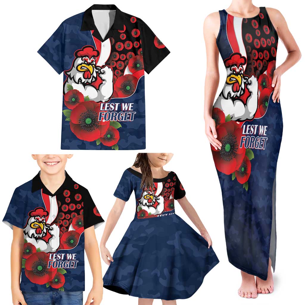 Sydney Roosters ANZAC Personalised Family Matching Tank Maxi Dress and Hawaiian Shirt Lest We Forget Poppy Camo