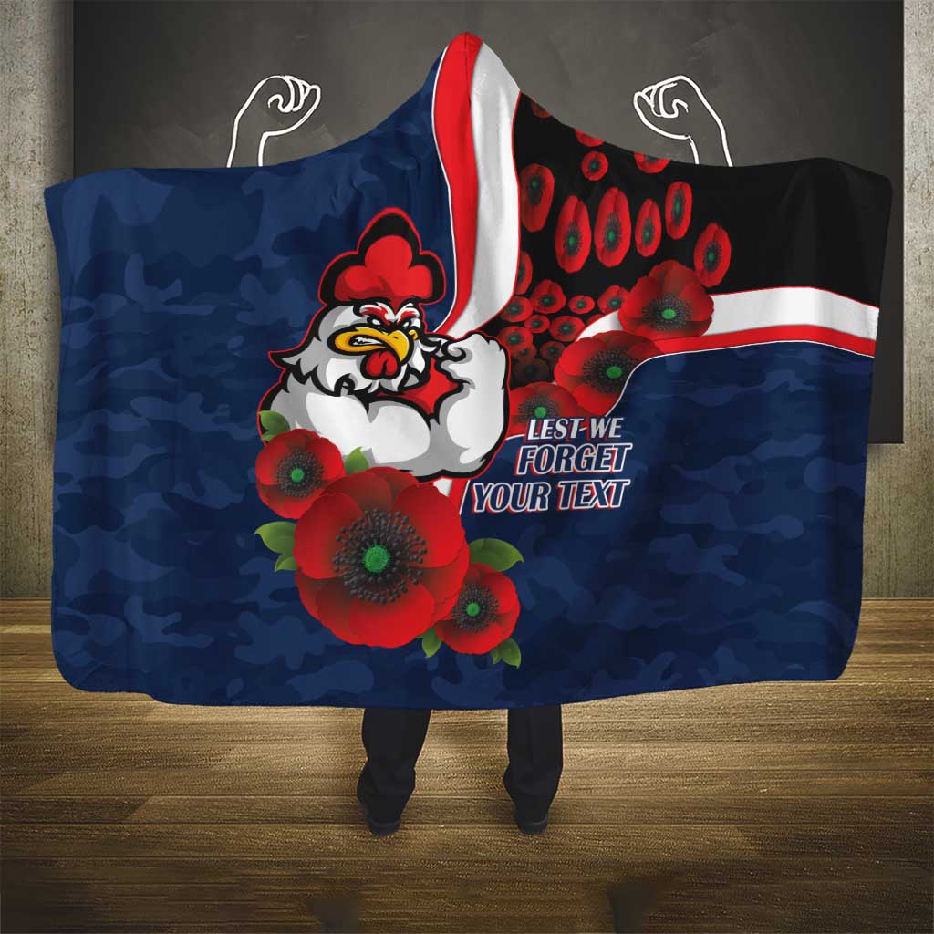 Sydney Roosters ANZAC Personalised Hooded Blanket Lest We Forget Poppy Camo