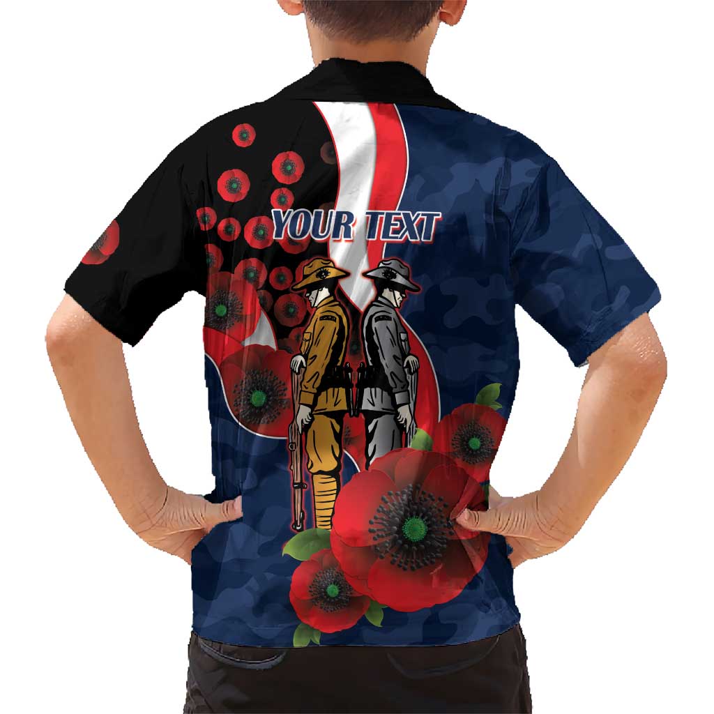 Sydney Roosters ANZAC Personalised Kid Hawaiian Shirt Lest We Forget Poppy Camo