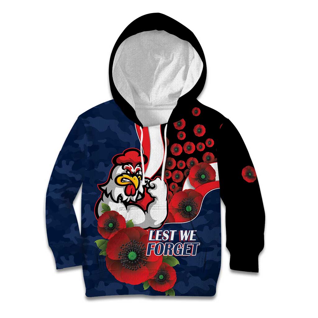 Sydney Roosters ANZAC Personalised Kid Hoodie Lest We Forget Poppy Camo