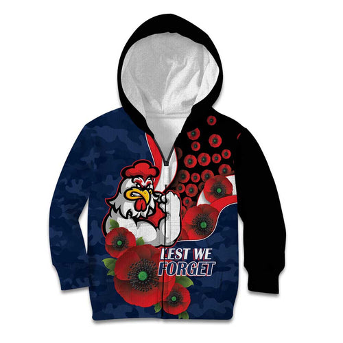 Sydney Roosters ANZAC Personalised Kid Hoodie Lest We Forget Poppy Camo