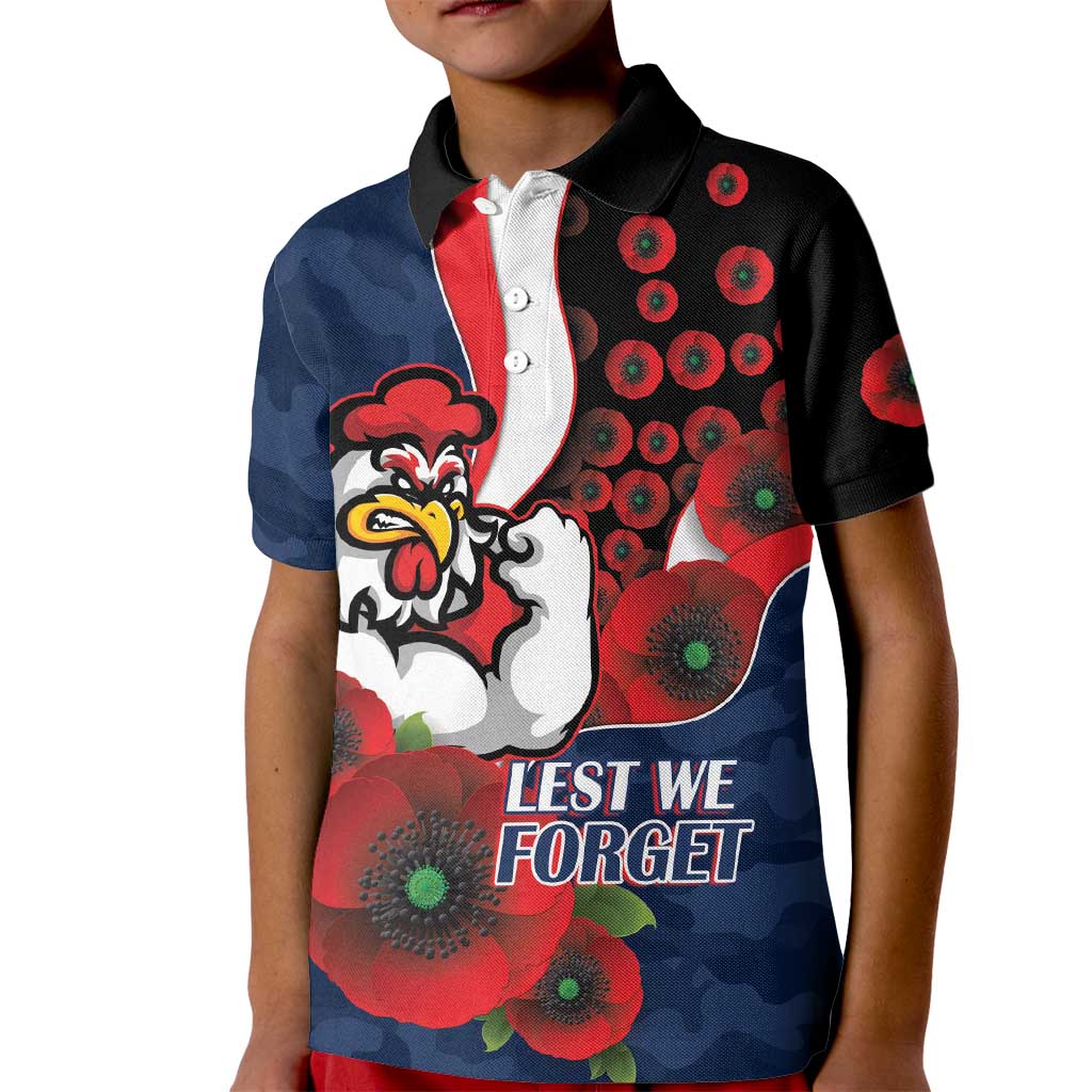 Sydney Roosters ANZAC Personalised Kid Polo Shirt Lest We Forget Poppy Camo