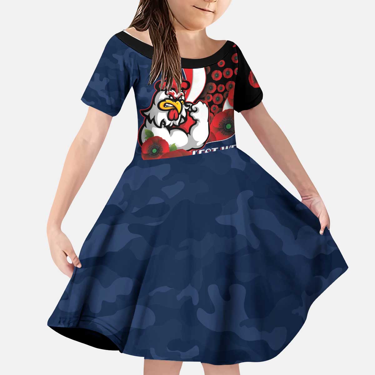 Sydney Roosters ANZAC Personalised Kid Short Sleeve Dress Lest We Forget Poppy Camo