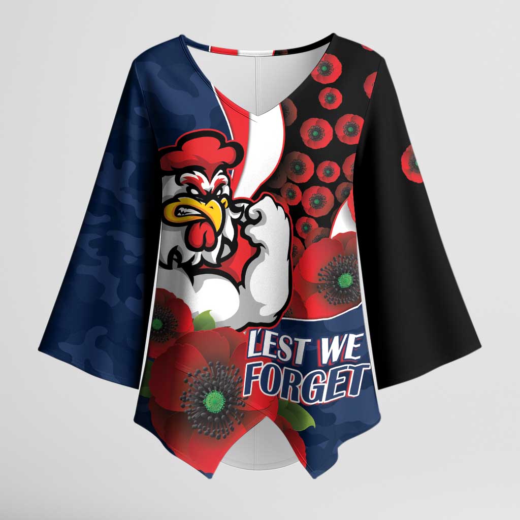 Sydney Roosters ANZAC Personalised Kimono Sleeve Blouse Lest We Forget Poppy Camo