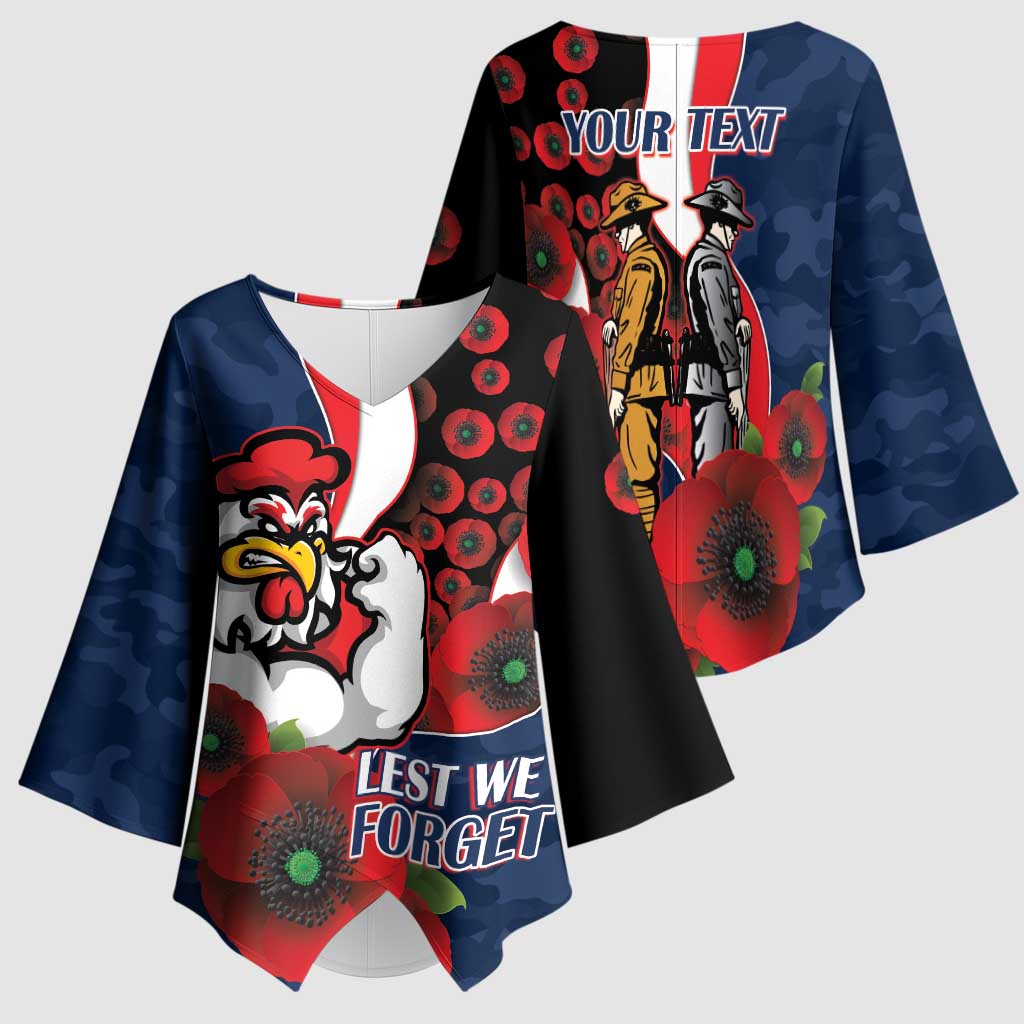 Sydney Roosters ANZAC Personalised Kimono Sleeve Blouse Lest We Forget Poppy Camo