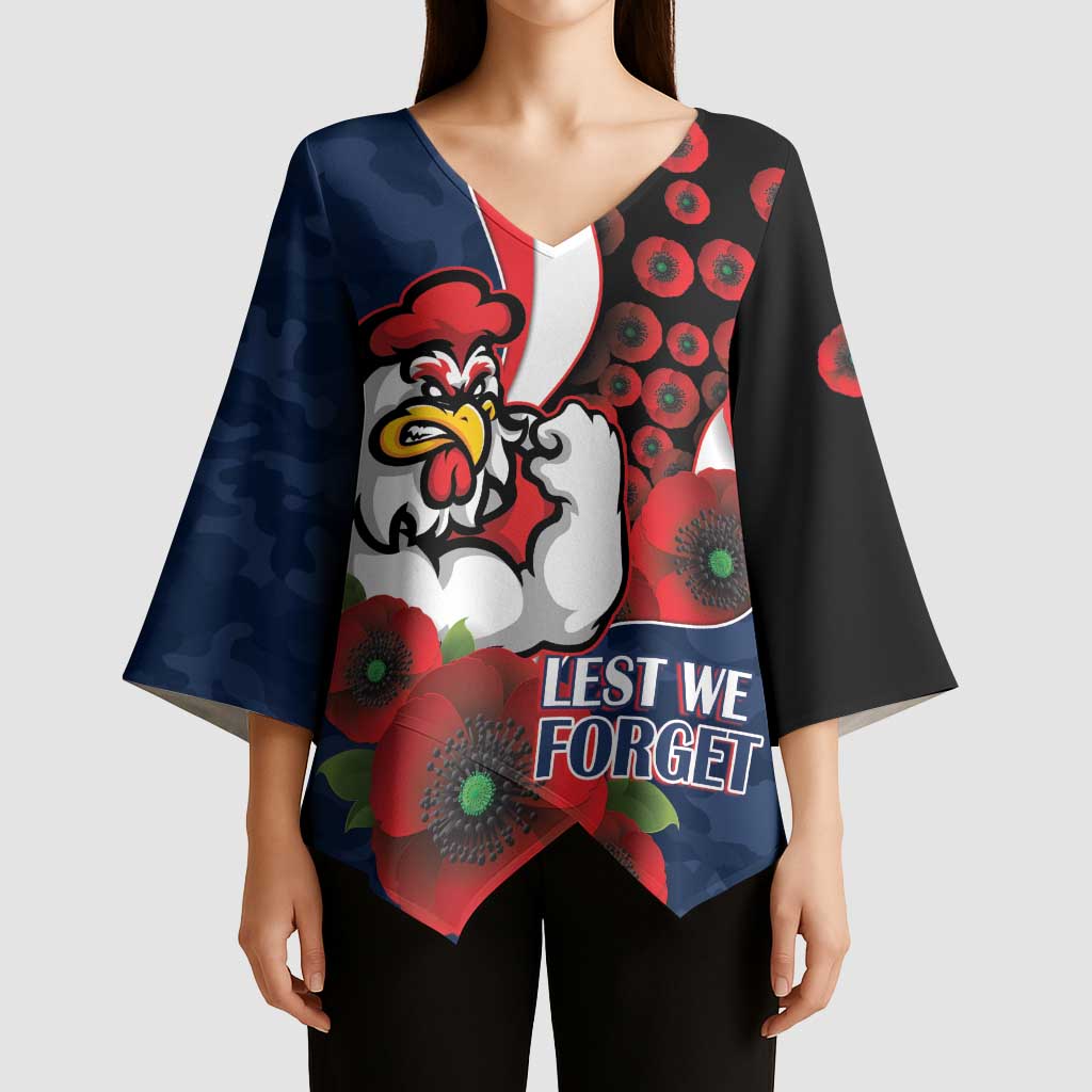 Sydney Roosters ANZAC Personalised Kimono Sleeve Blouse Lest We Forget Poppy Camo