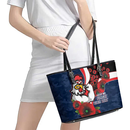 Sydney Roosters ANZAC Personalised Leather Tote Bag Lest We Forget Poppy Camo