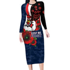 Sydney Roosters ANZAC Personalised Long Sleeve Bodycon Dress Lest We Forget Poppy Camo