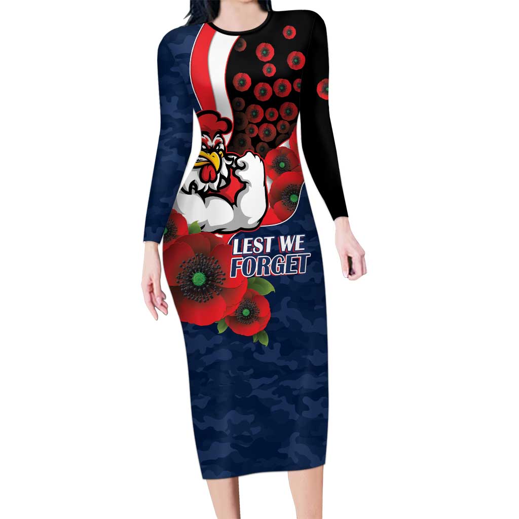 Sydney Roosters ANZAC Personalised Long Sleeve Bodycon Dress Lest We Forget Poppy Camo