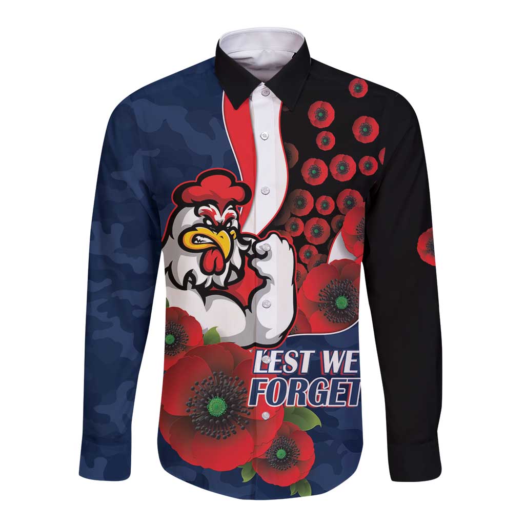 Sydney Roosters ANZAC Personalised Long Sleeve Button Shirt Lest We Forget Poppy Camo