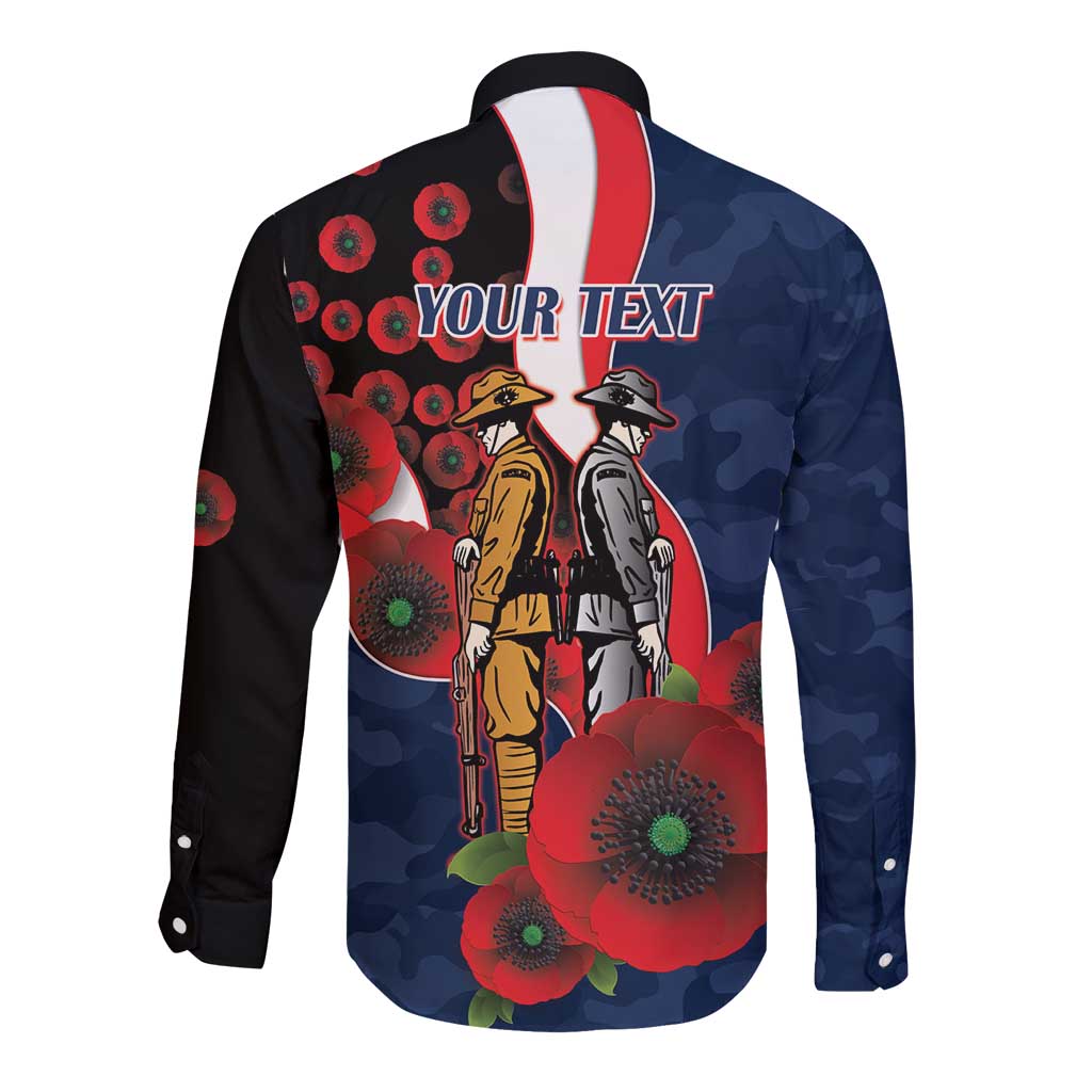 Sydney Roosters ANZAC Personalised Long Sleeve Button Shirt Lest We Forget Poppy Camo