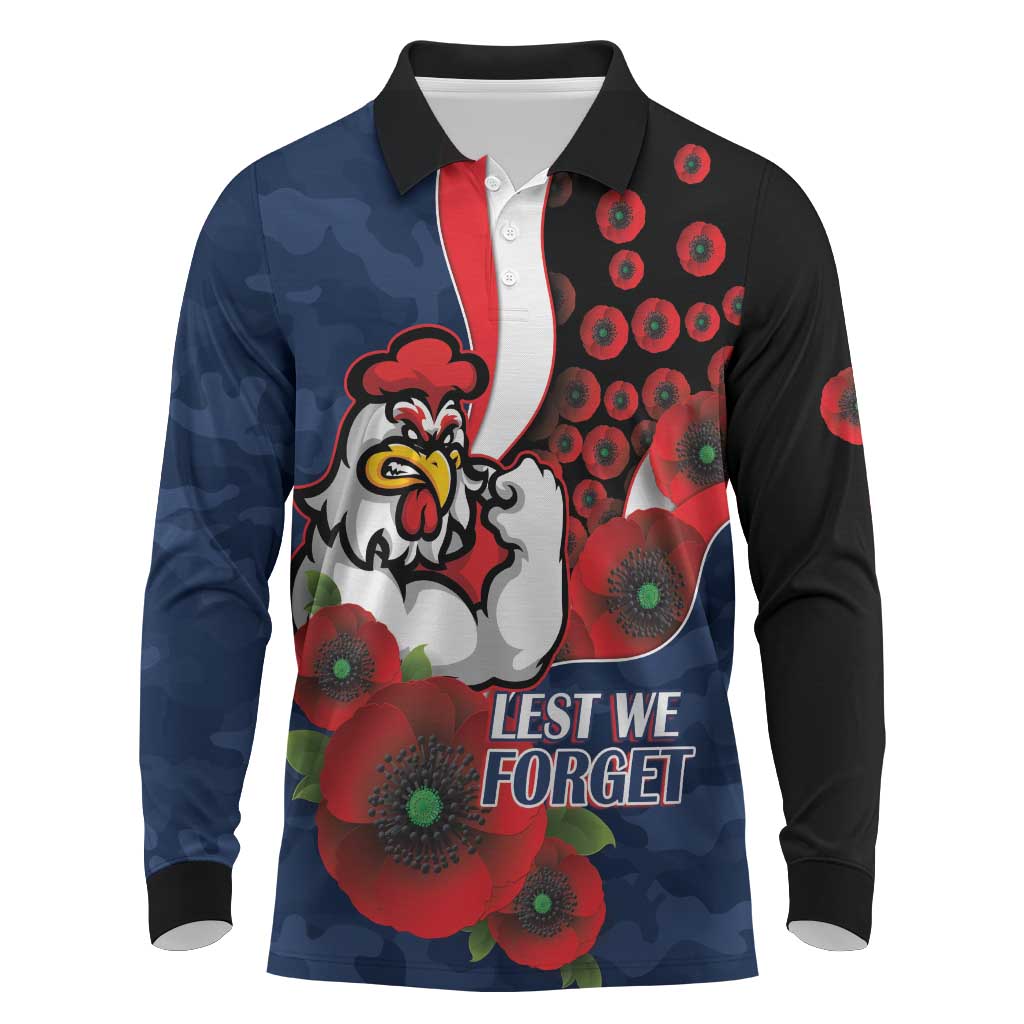 Sydney Roosters ANZAC Personalised Long Sleeve Polo Shirt Lest We Forget Poppy Camo