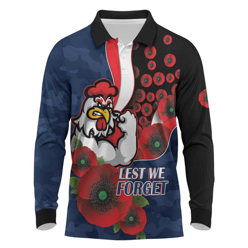 Sydney Roosters ANZAC Personalised Long Sleeve Polo Shirt Lest We Forget Poppy Camo
