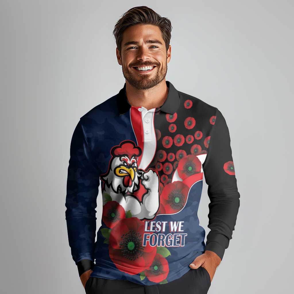 Sydney Roosters ANZAC Personalised Long Sleeve Polo Shirt Lest We Forget Poppy Camo