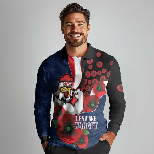 Sydney Roosters ANZAC Personalised Long Sleeve Polo Shirt Lest We Forget Poppy Camo