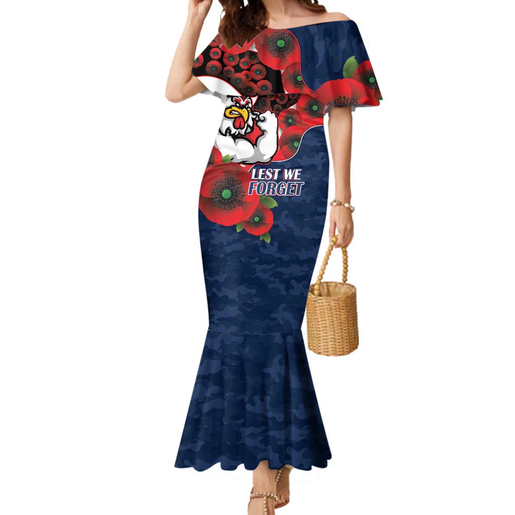 Sydney Roosters ANZAC Personalised Mermaid Dress Lest We Forget Poppy Camo