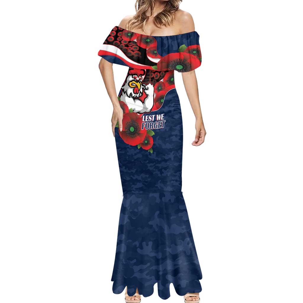 Sydney Roosters ANZAC Personalised Mermaid Dress Lest We Forget Poppy Camo