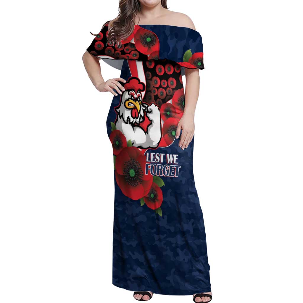 Sydney Roosters ANZAC Personalised Off Shoulder Maxi Dress Lest We Forget Poppy Camo