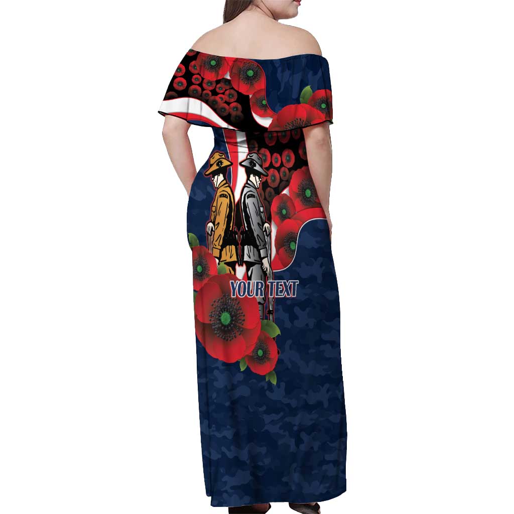 Sydney Roosters ANZAC Personalised Off Shoulder Maxi Dress Lest We Forget Poppy Camo